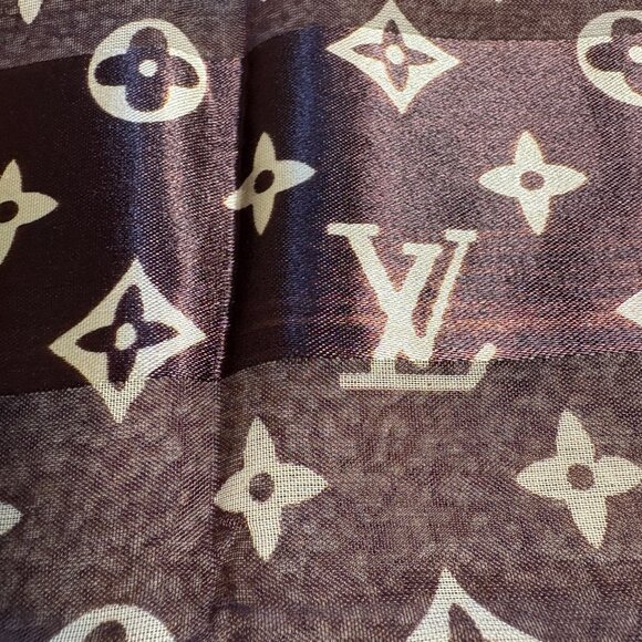 LOUIS VUITTON Brown & Beige Monogram Silk & Sheer Scarf - Picture 5 of 5